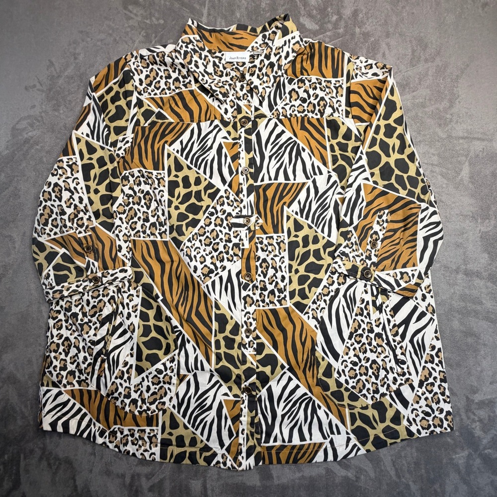 VTG Joan Rivers Button‎ Shirt Women 2X Multicolor Animal Print Patchwork 3/4 Slv